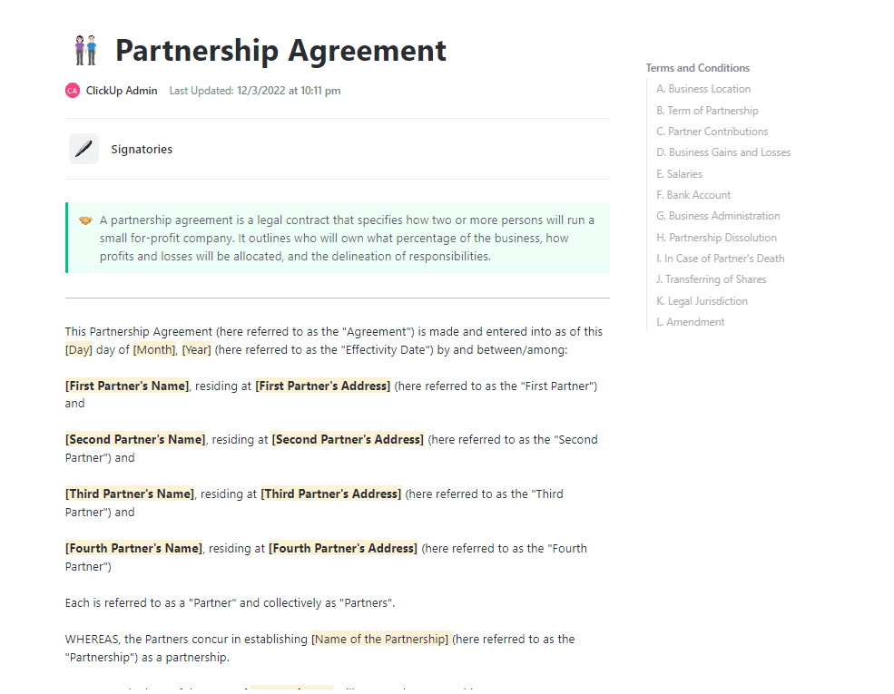 A partnership agreement is a legal contract that specifies how two or more persons will run a small for-profit company. It outlines who will own what percentage of the business, how profits and losses will be allocated, and the delineation of responsibilities.