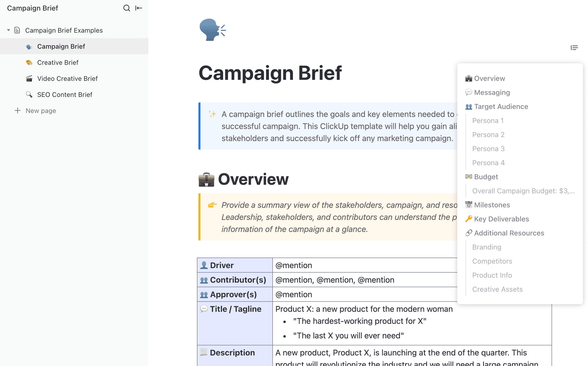 A campaign brief outlines the goals and key elements needed to create and launch a successful campaign. This ClickUp template will help you gain alignment across all stakeholders and successfully kick off any marketing campaign.