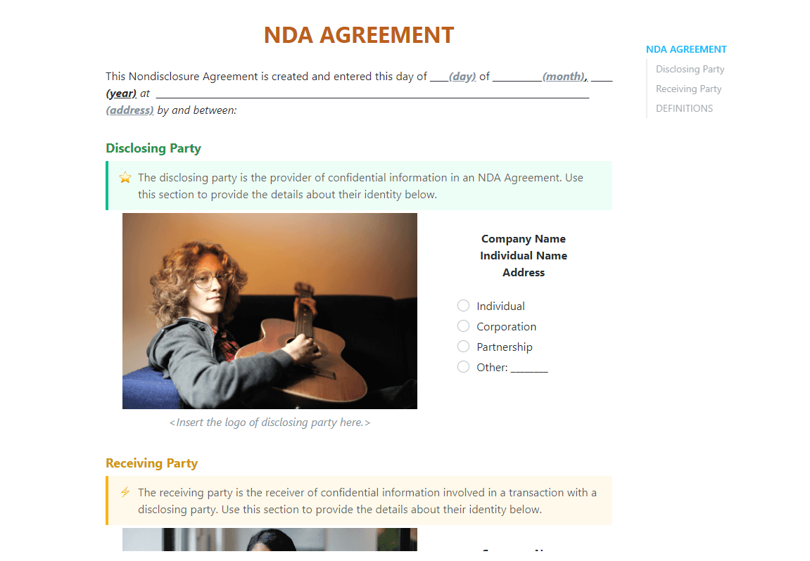 Feel confident and secure with every transaction and protect yourself or your company assets, intellectual properties, and more with this ready-to-use NDA Agreement! This ClickUp document template has every component needed in a contract to ensure you and your company is safe and settled with every transaction.