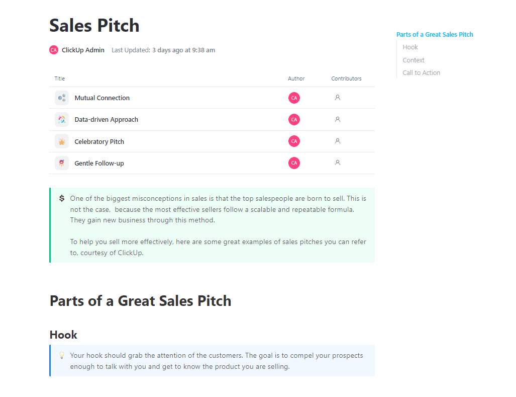 One of the biggest misconceptions in sales is that the top salespeople are born to sell. This is not the case,  because the most effective sellers follow a scalable and repeatable formula. They gain new business through this method.  

To help you sell more effectively, here are some great examples of sales pitches you can refer to, courtesy of ClickUp.
