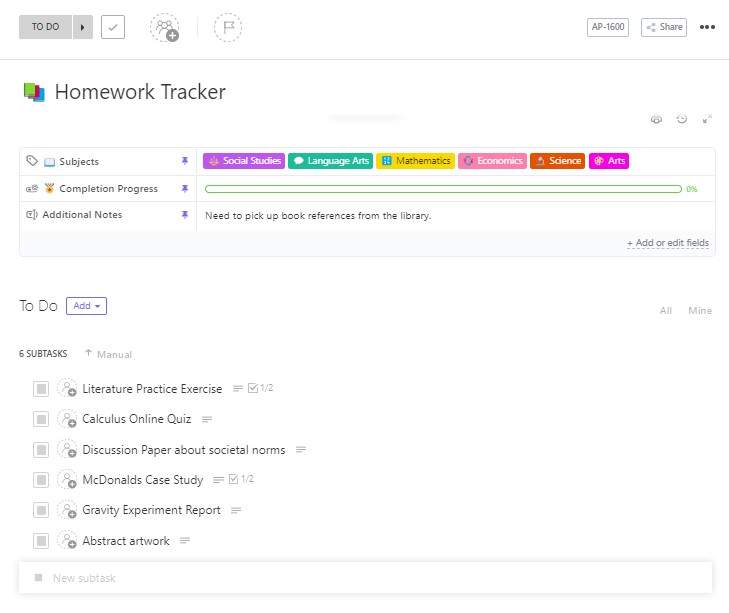 This ClickUp Homework Tracker can help users to keep track of their assigned sets of homework to ensure that they won't miss anything.