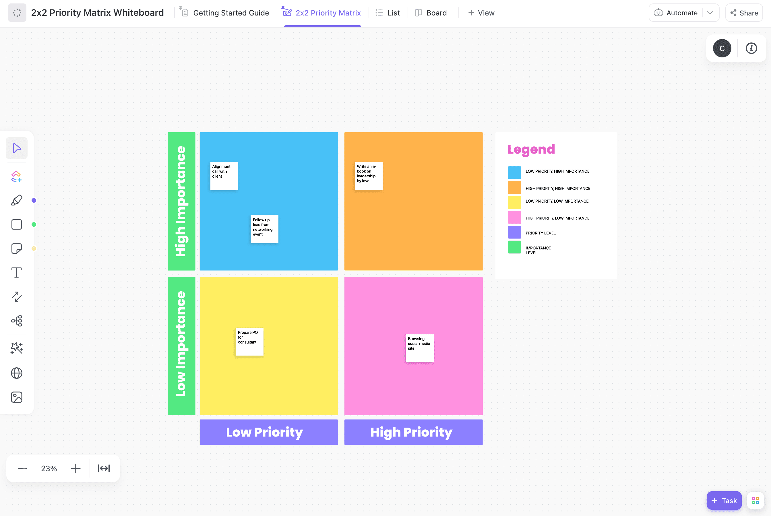 ClickUp provides a basic 2x2 Priority Matrix Whiteboard to help you organize your tasks according to their importance and priority level. This will assist your team or company allocate resources for the important ones.