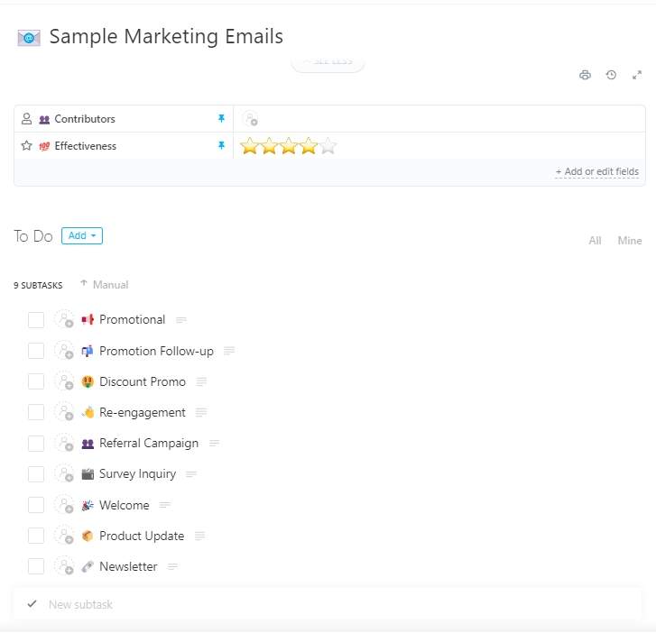 Marketing emails are important to keep your prospect and current customers engaged. This ClickUp Sample Marketing Emails template is composed of sample customizable emails for marketing use cases.