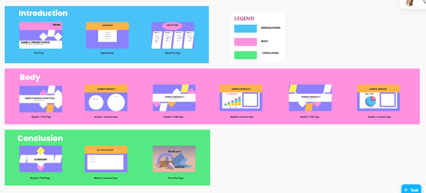 You can now create your presentation here in whiteboard! Play with our premade presentation outline and customize it according to your liking as you go. The template enables you to easily organize the sections of your presentation.