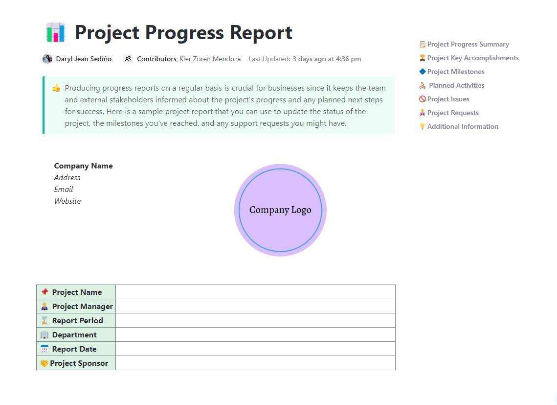 Producing progress reports on a regular basis is crucial for businesses since it keeps the team and external stakeholders informed about the project's progress and any planned next steps for success. Here is a sample project report that you can use to update the status of the project, the milestones you've reached, and any support requests you might have.