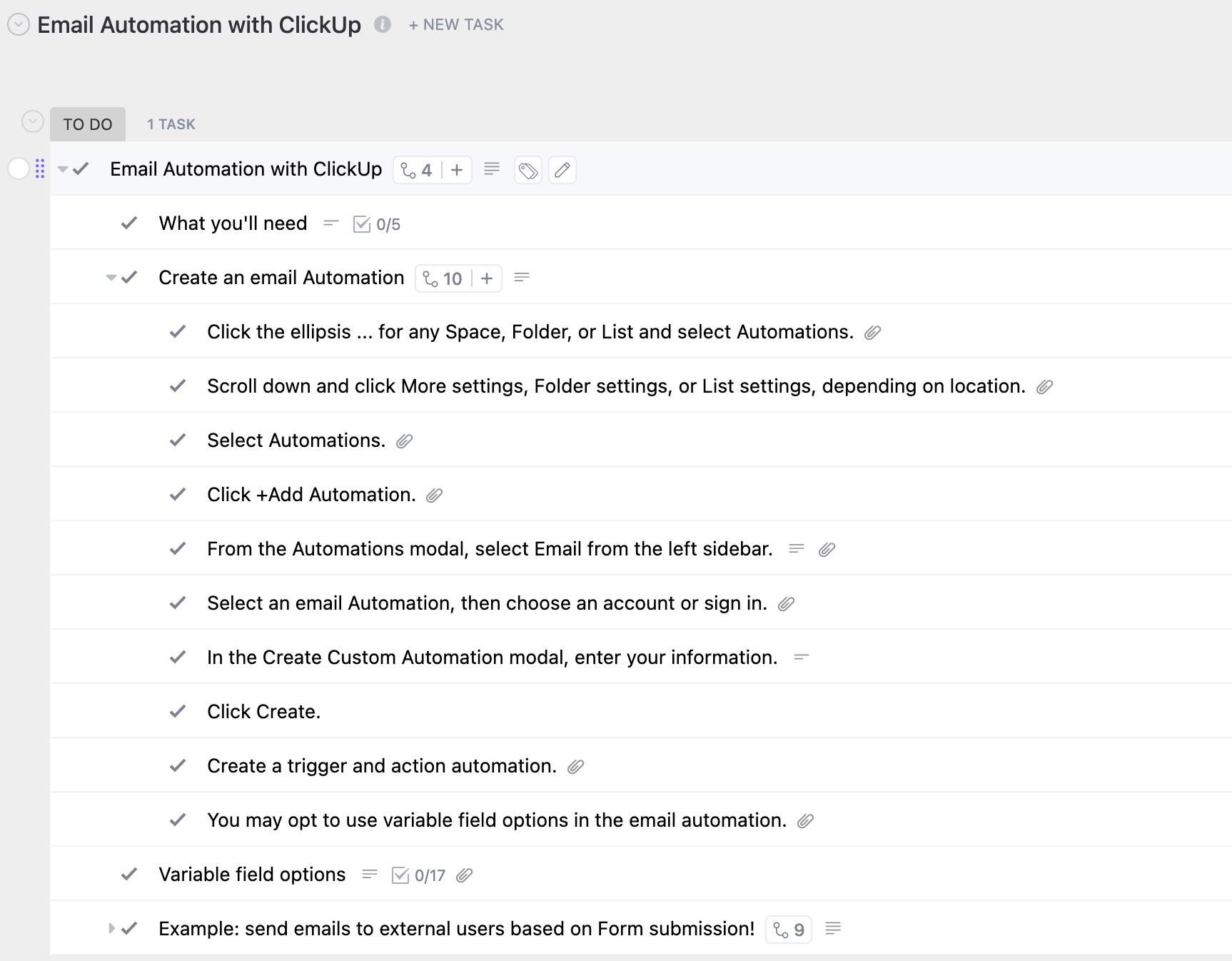 Email Automations can be used to automatically send emails from your ClickUp Workspace based on certain parameters! Automations eliminate the need for any manual input from you or any of your team members. Use this template as a guide for the step-by-step process of creating automated emails in ClickUp!