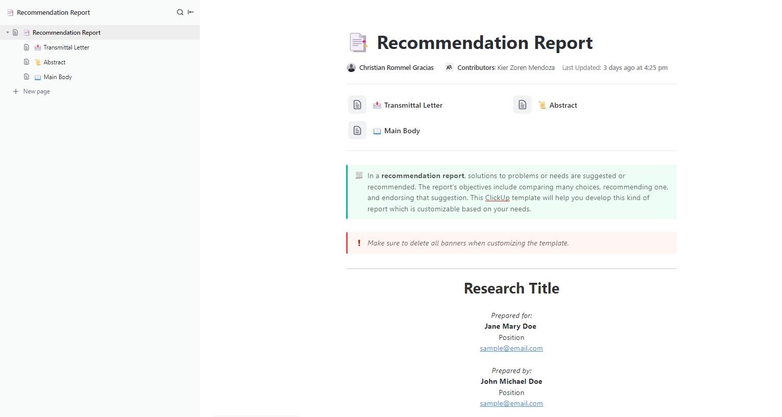 In a recommendation report, solutions to problems or needs are suggested or recommended. The report's objectives include comparing many choices, recommending one, and endorsing that suggestion. This ClickUp template will help you develop this kind of report which is customizable based on your needs.