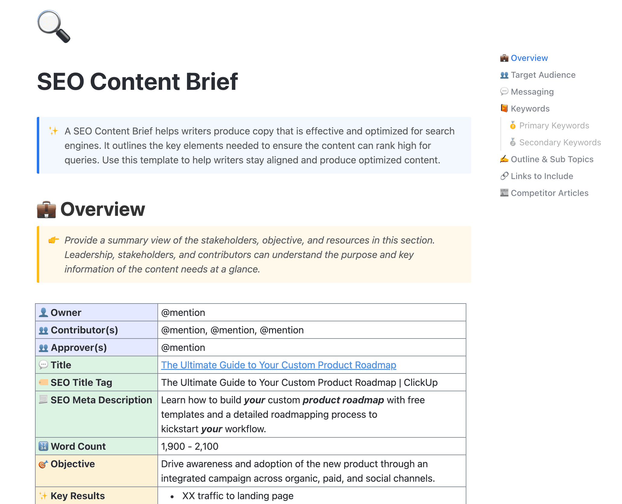 A SEO Content Brief helps writers produce copy that is effective and optimized for search engines. It outlines the key elements needed to ensure the content can rank high for queries. Use this template to help writers stay aligned and produce optimized content.