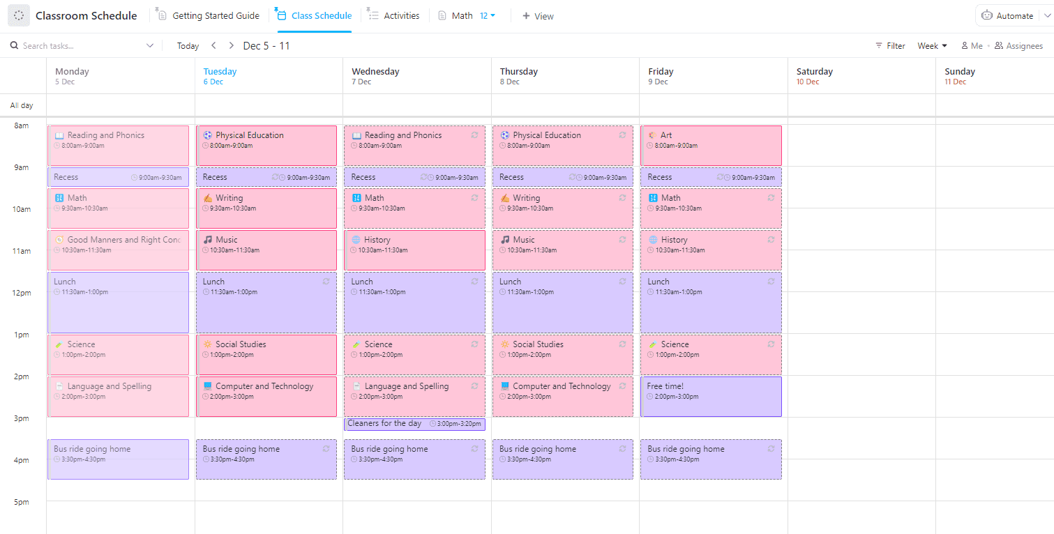 Organize classes using the Classroom Schedule Template. This ClickUp template is for students looking for an easy-to-use calendar to schedule all their classes.