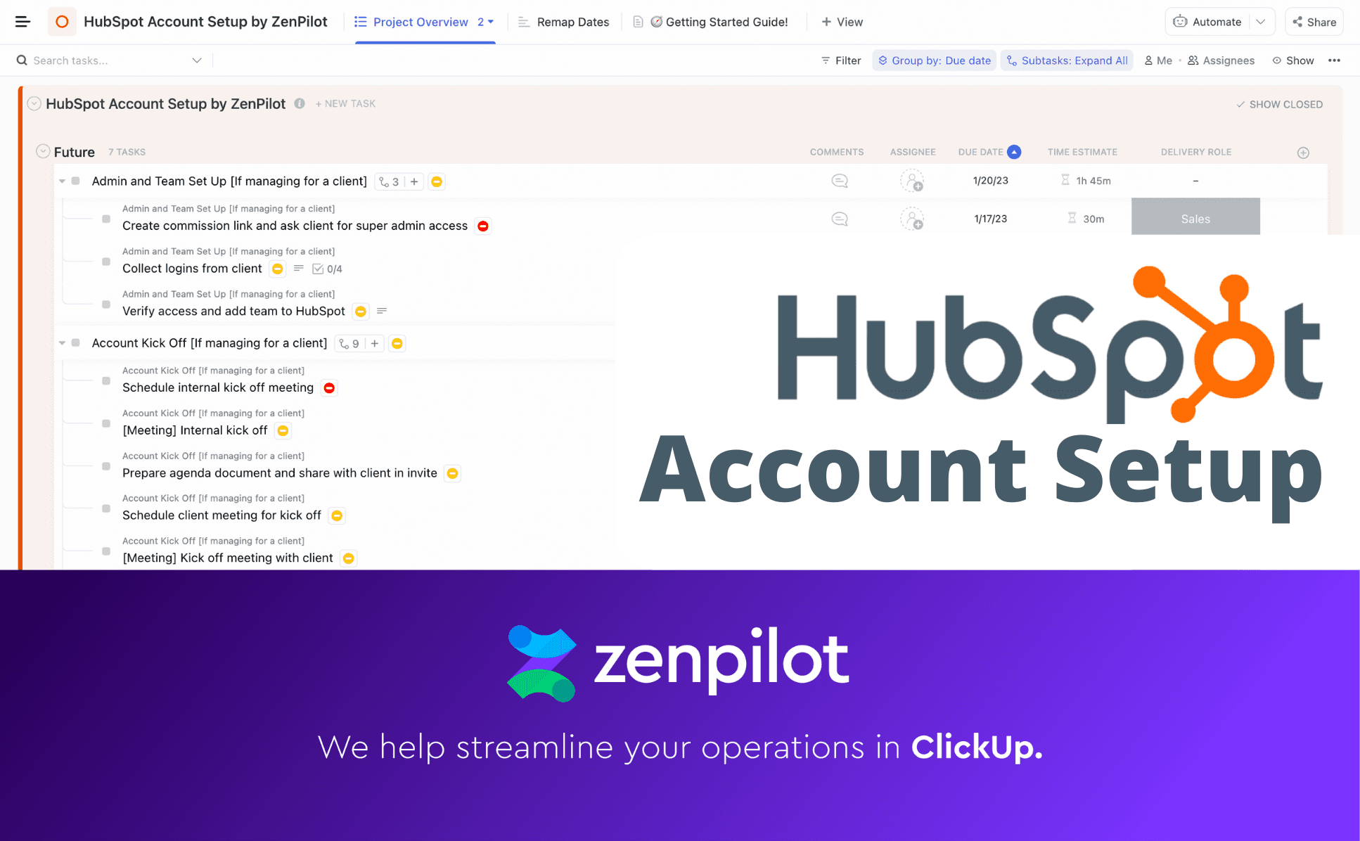 Activate this template by ZenPilot.com to unlock a step-by-step task list to configuring a new HubSpot account. Check out the setup doc for detailed instructions!