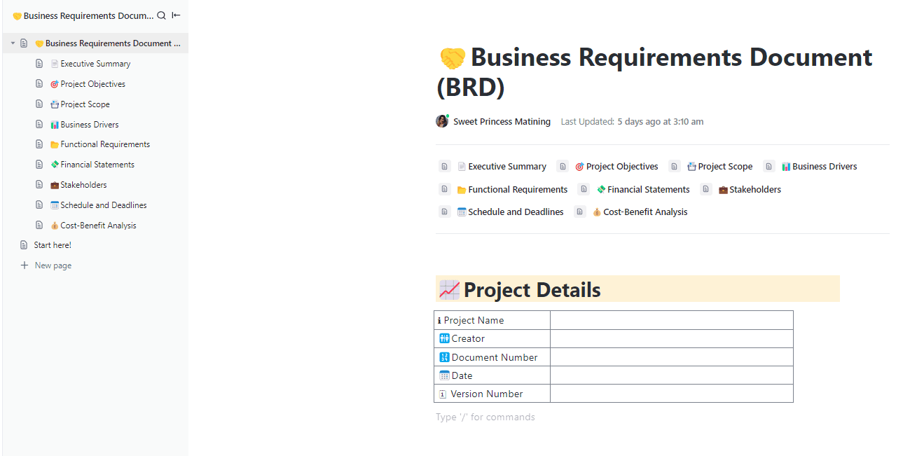 This Business Requirements Document template will help you outline the business solution for a project, taking into account the needs and expectations of the user, the motivation for the solution, and any major roadblocks that would prevent a successful deployment.