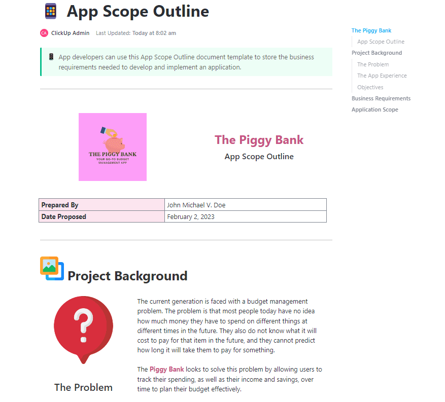 App developers can use this App Scope Outline document template to store the business requirements needed to develop and implement an application.