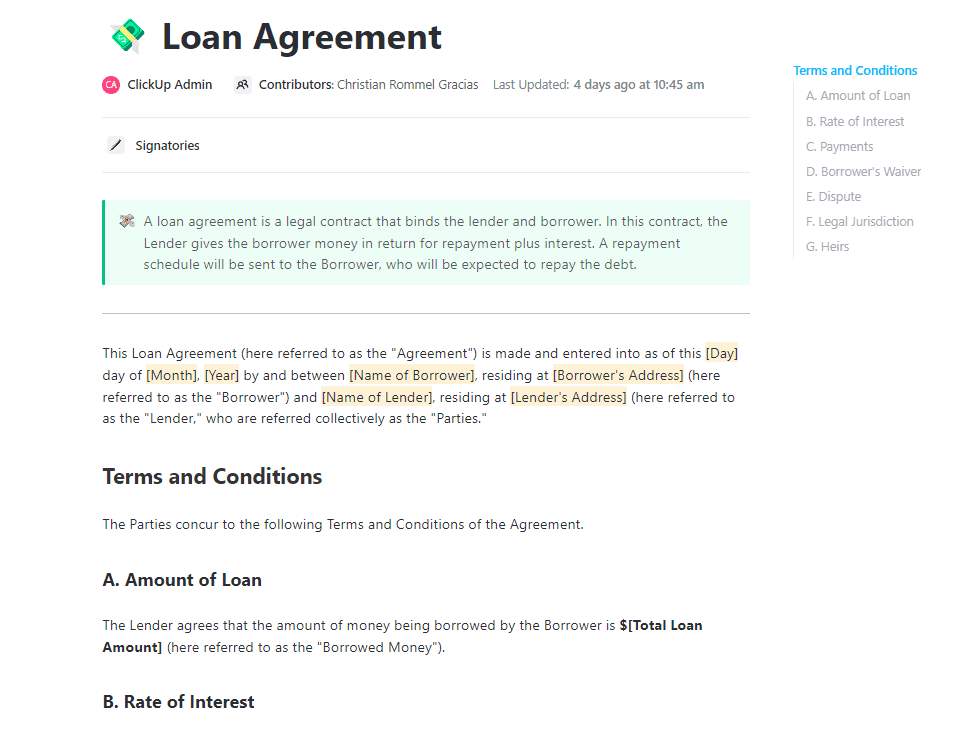
A loan agreement is a legal contract that binds the lender and borrower. In this contract, the Lender gives the borrower money in return for repayment plus interest. A repayment schedule will be sent to the Borrower, who will be expected to repay the debt.