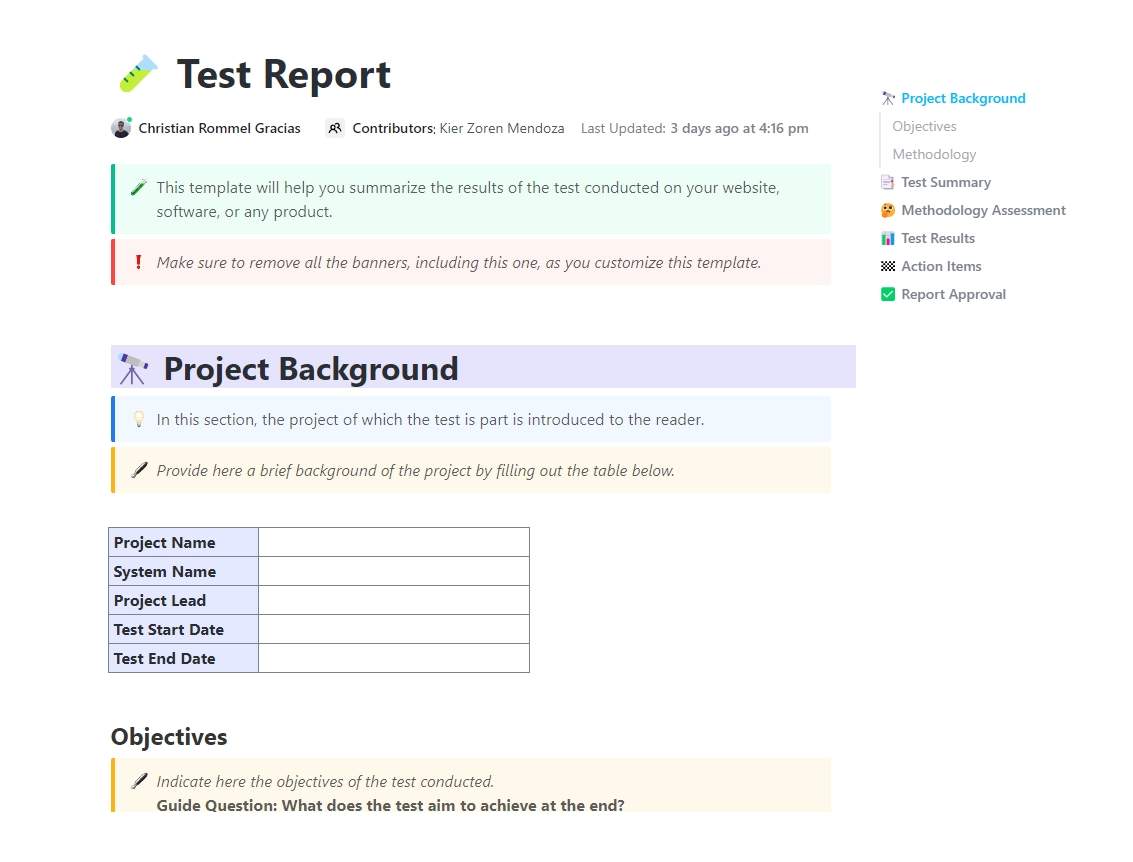 This template will help you summarize the results of the test conducted on your website, software, or any product.