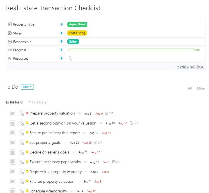 
The Real Estate Transaction Checklist Task Template offers a framework to make sure nothing is overlooked during a real estate transaction, from the pre-listing stage to the post-closing stage.