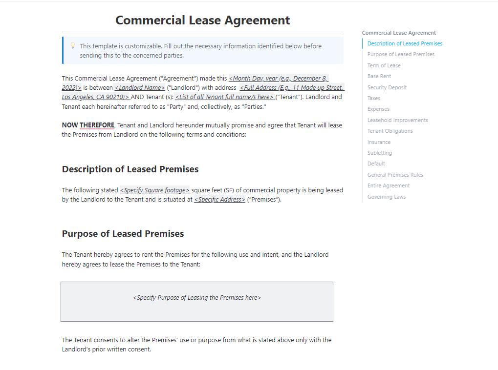 An agreement between a landlord and a company owner that specifies the conditions of a property rental is known as a commercial lease.   

With ClickUp's Free Commercial Lease Agreement Template, you can safeguard the lessor and the lessee if you rent your property for business purposes.