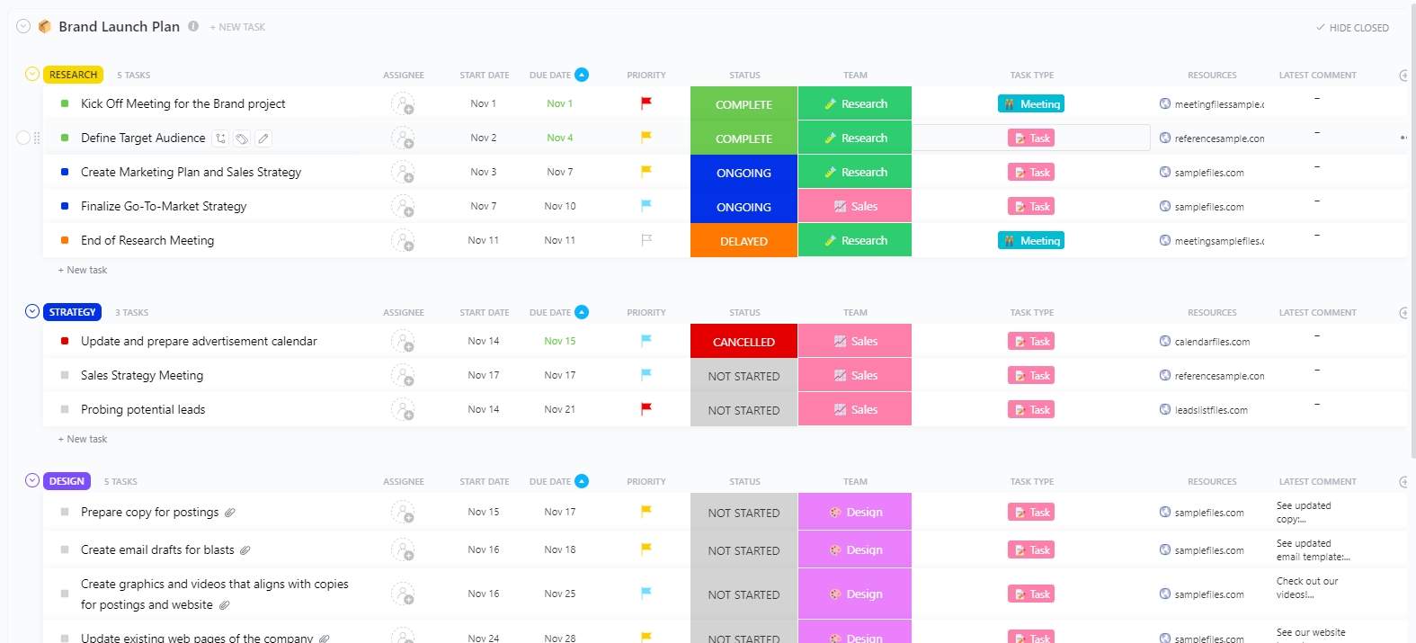 You can plan your latest brand launch here in ClickUp! This template enables your team to organize the project tasks for a bran launch which includes assigning the right person, setting the due dates, and listing all crucial deliverables.