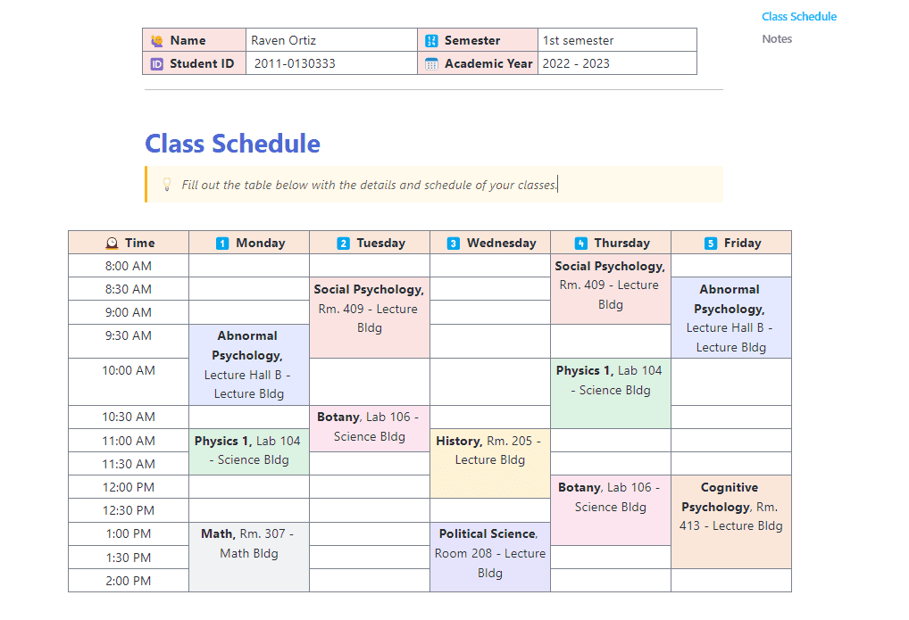 Never miss a class or a meeting by managing and tracking your class schedule efficiently with the help of the College Schedule template!