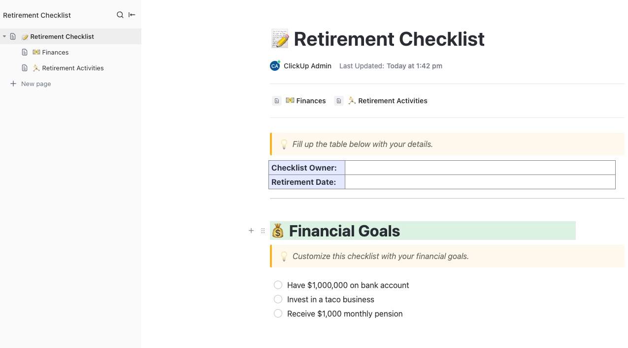 Retirement is a milestone that most of us are looking forward to, but involves planning and preparation. This Retirement Checklist Doc template will enable you to plan for this important aspect of your life to ensure that you are prepared.