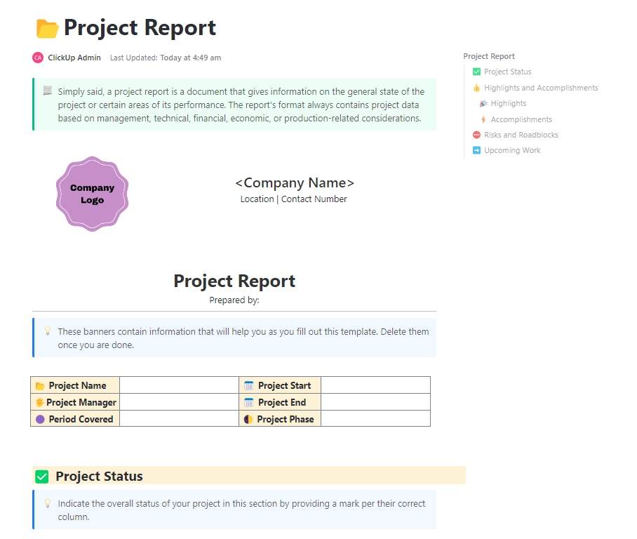 Simply said, a project report is a document that gives information on the general state of the project or certain areas of its performance. No matter the report's format, it always contains project data based on management, technical, financial, economic, or production-related considerations.