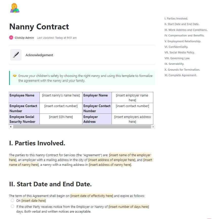 Ensure your children's safety by choosing the right nanny and using this template to formalize the agreement with the nanny and your family.