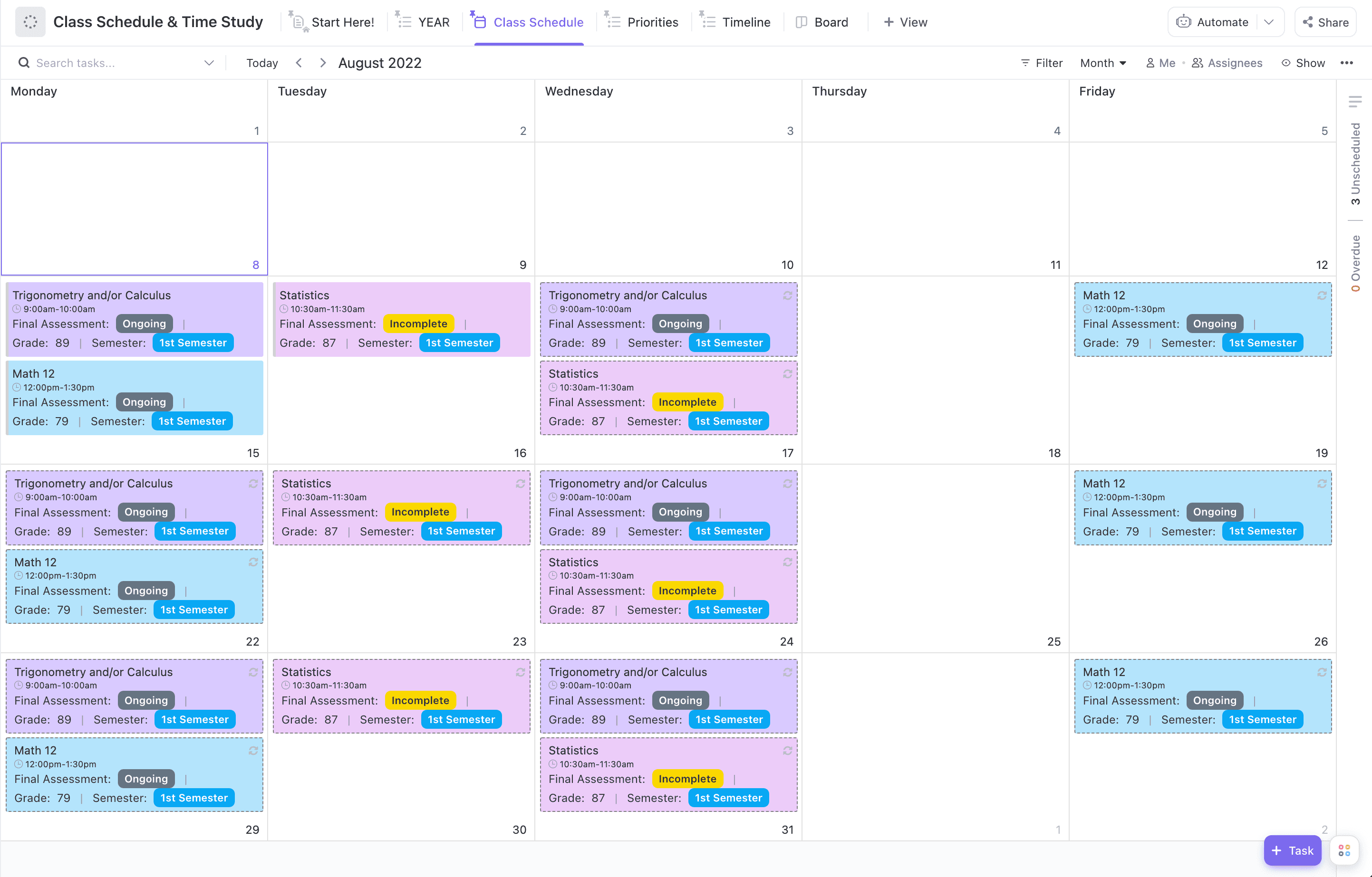 Want to ace every course you have in school? Try this ClickUp-made Class Schedule & Time Study template and keep track of everything in a single place with one click.