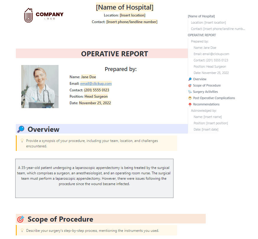 An operative report is a surgery's specifics recorded in a patient's medical file. It is typed into the patient's record after being stated immediately following surgery.