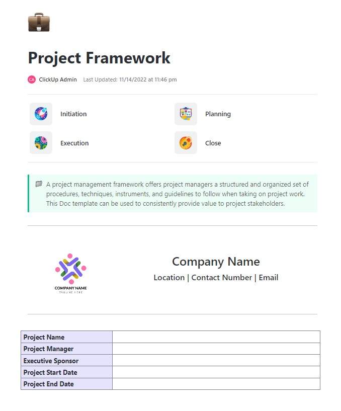 A project management framework offers project managers a structured and organized set of procedures, techniques, instruments, and guidelines to follow when taking on project work. This Doc template can be used to consistently provide value to project stakeholders.