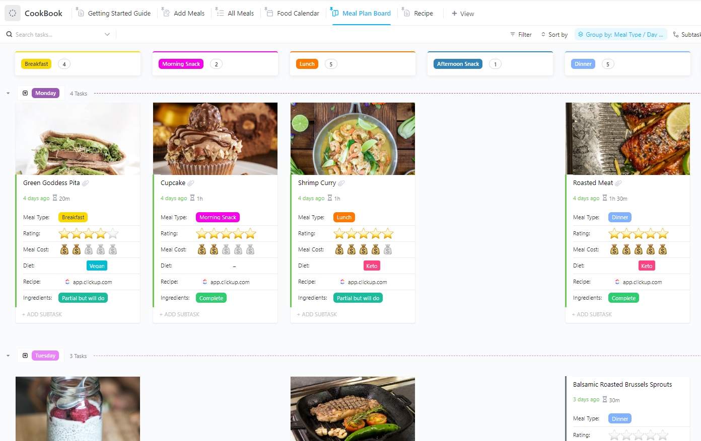 Plan your meals for the week using the customizable CookBook Template. Find all information you need about the meals in one place in order to prepare the ingredients beforehand and have allowance for cooking time.