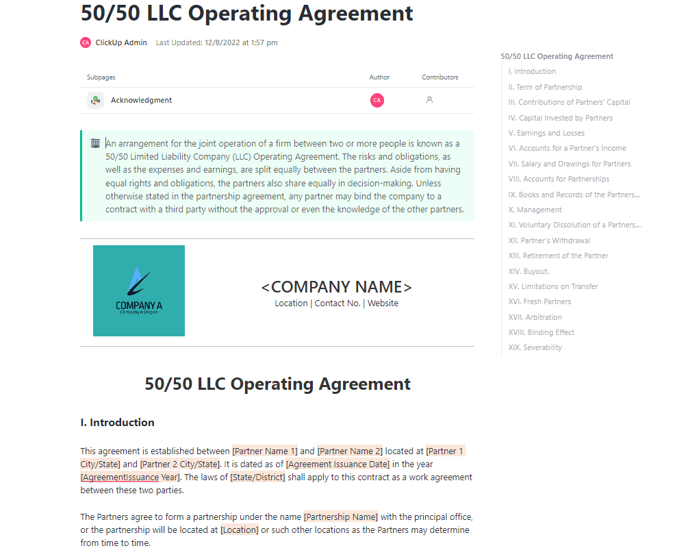 An arrangement for the joint operation of a firm between two or more people is known as a 50/50 Limited Liability Company (LLC) Operating Agreement. The risks and obligations, as well as the expenses and earnings, are split equally between the partners. Aside from having equal rights and obligations, the partners also share equally in decision-making.