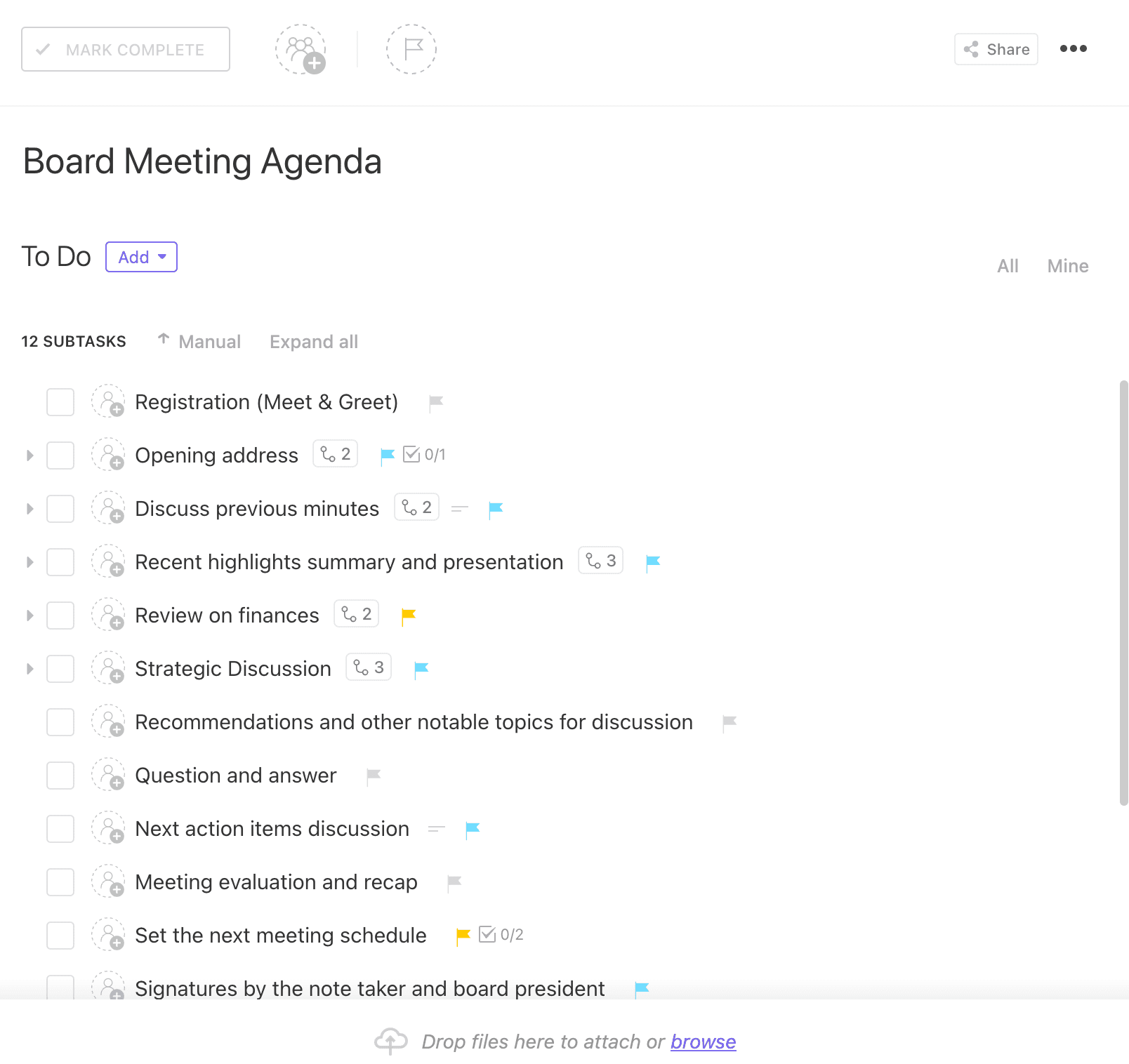 This Board Meeting Agenda Template serves as an outline to focus on and quickly address the key issues and ensure everyone is on the same page about what needs to be done. This agenda also communicates the agenda items to those present and absent from the meeting, which may be held weekly, monthly, quarterly, or semi-annually.
