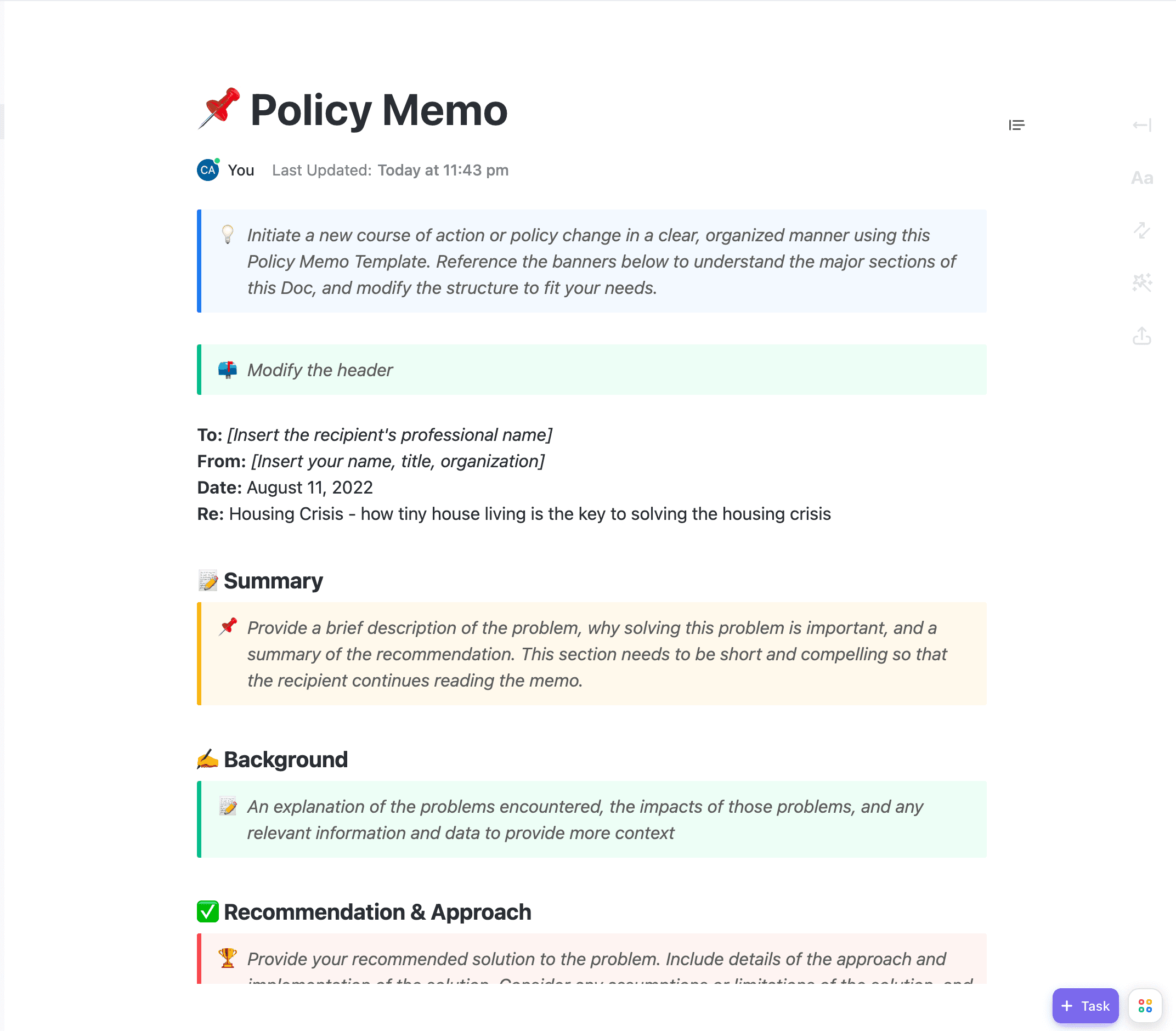 Initiate a new course of action or policy change in a clear, organized manner using this Policy Memo Template.