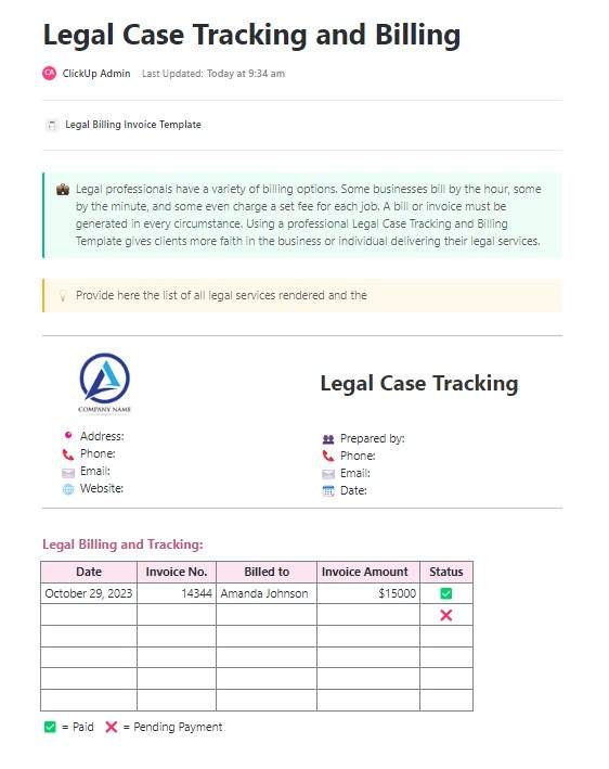 Legal professionals have a variety of billing options. Some businesses bill by the hour, some by the minute, and some even charge a set fee for each job. A bill or invoice must be generated in every circumstance. Using a professional Legal Case Tracking and Billing Template gives clients more faith in the business or individual delivering their legal services.