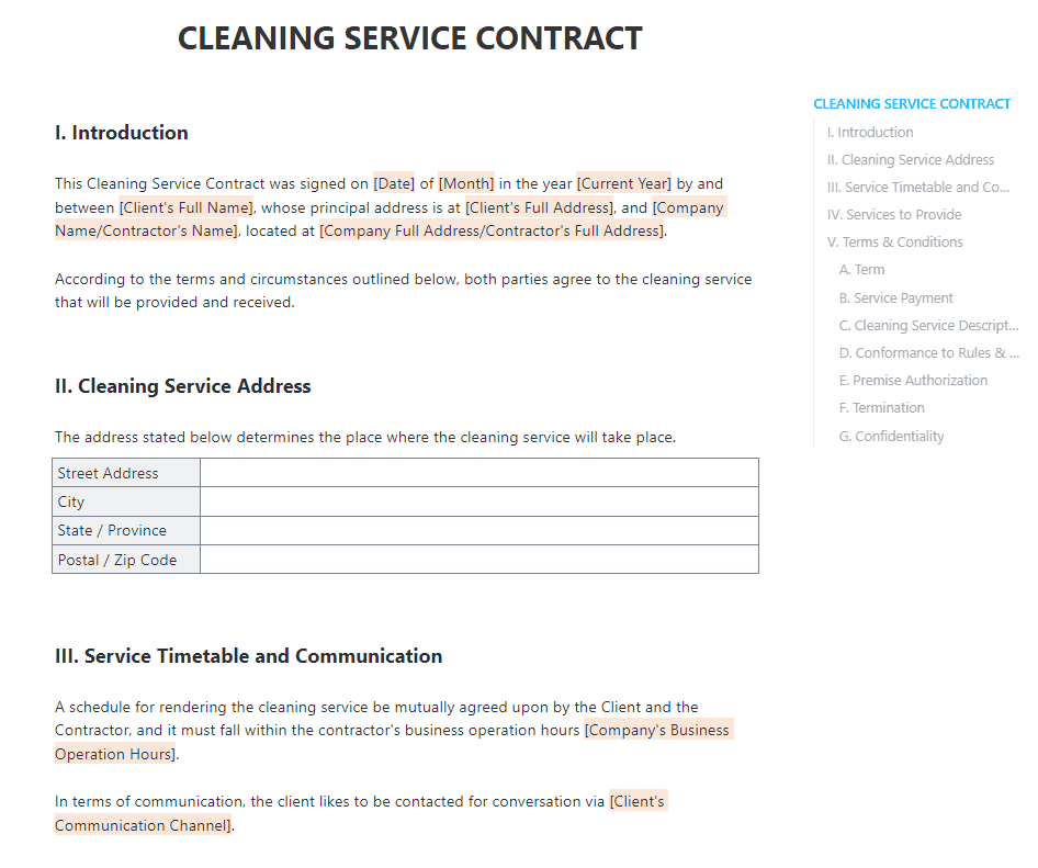 Use this Cleaning Contract Doc template from ClickUp to quickly generate a contract for your cleaning services. Customize the template, then send it to your clients via email or direct message to collect information such as contact information and signatures.