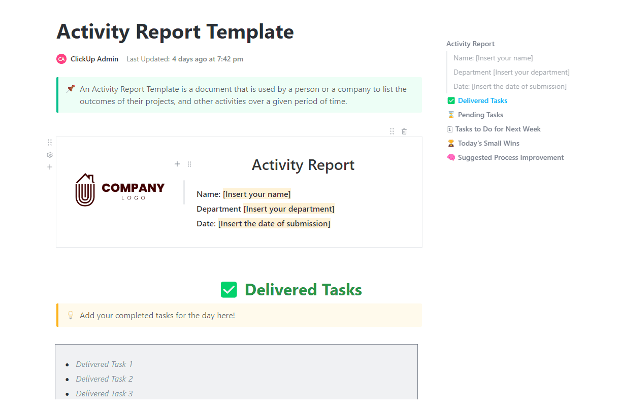 An Activity Report Template is a document that is used by a person or a company to list the outcomes of their projects, and other activities over a given period of time.