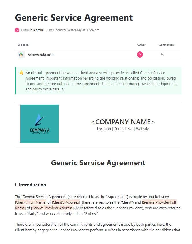 An official agreement between a client and a service provider is called Generic Service Agreement. Important information regarding the working relationship and obligations owed to one another are outlined in the agreement. It could contain pricing, ownership, shipments, and much more details.