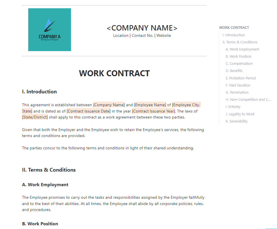 To formally set up your work arrangement with a new employee, utilize the Work Contract Doc template from ClickUp. The work agreement terms specify the employee's duties, compensation rates, and working hours. Both parties may consult the contract in the case of a dispute or disagreement on the conditions of employment.
