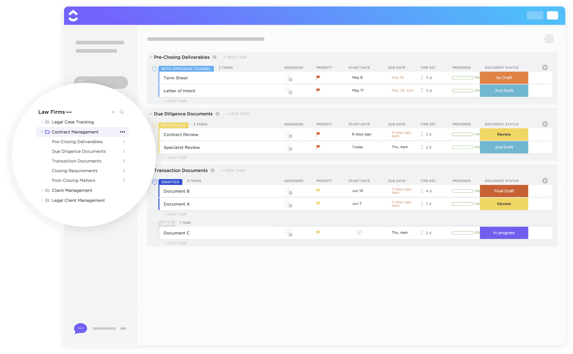 Seamlessly keep track of all your contracts through each stage, from development, approval, to submission!

