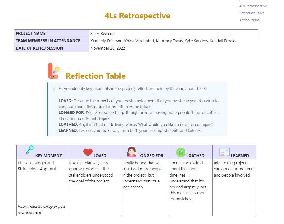 
Spice up your project team's retrospective sessions with this creative Doc template. This format allows your team members to go in-depth with their project takeaways.