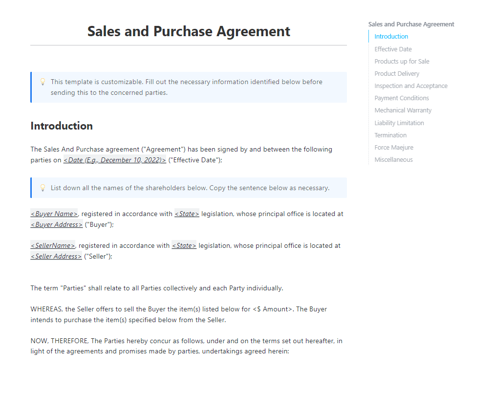 Developing your own sales and purchase agreement from scratch? It is simple to do so thanks to the customizable Doc template from ClickUp.
