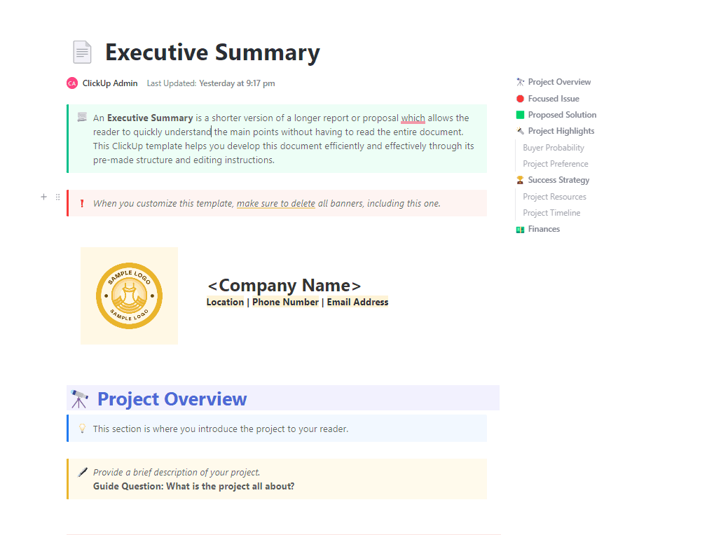 An Executive Summary is a shorter version of a longer report or proposal which allows the reader to quickly understand the main points without having to read the entire document. This ClickUp template helps you develop this document efficiently and effectively through its pre-made structure and editing instructions.