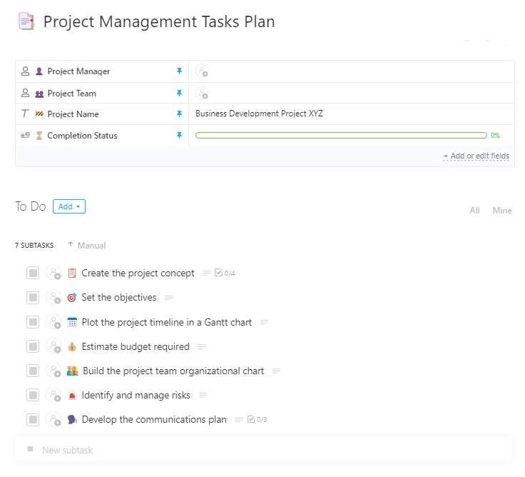 Project management is the process of achieving all project goals within the given constraints. This ClickUp Project Management Tasks template provides an effective structure for project managers in doing project management.