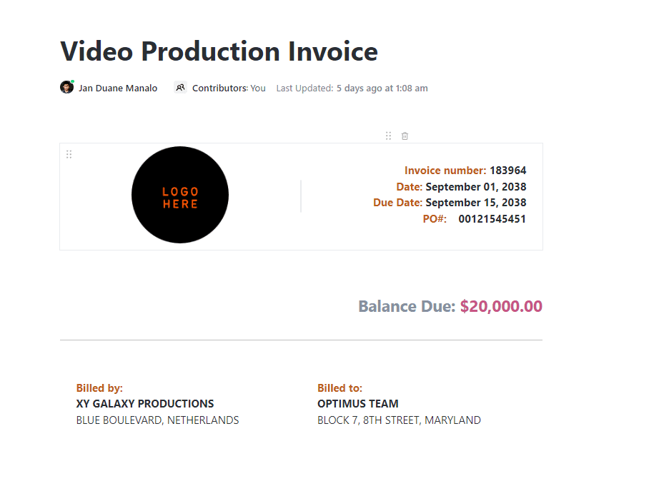 Focus on video production while this template focuses on getting you paid. The provided invoice template can be quickly customized and sent to clients.