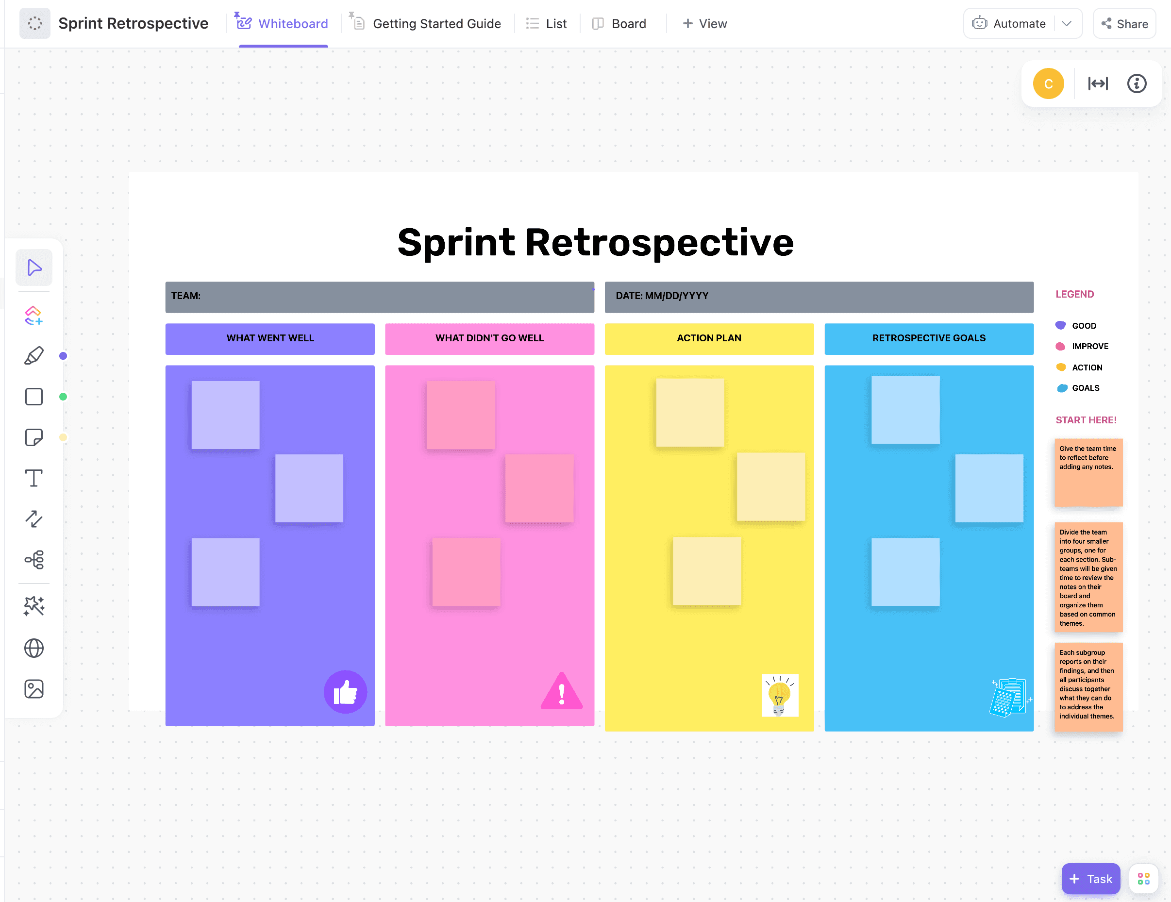 Save time and gain valuable insights with this simple Sprint Retrospective Template. Whether you are running an agile team or a project management office, this template will help you build a crystal-clear picture of what went well, what didn't go so well, and what to change in the future.