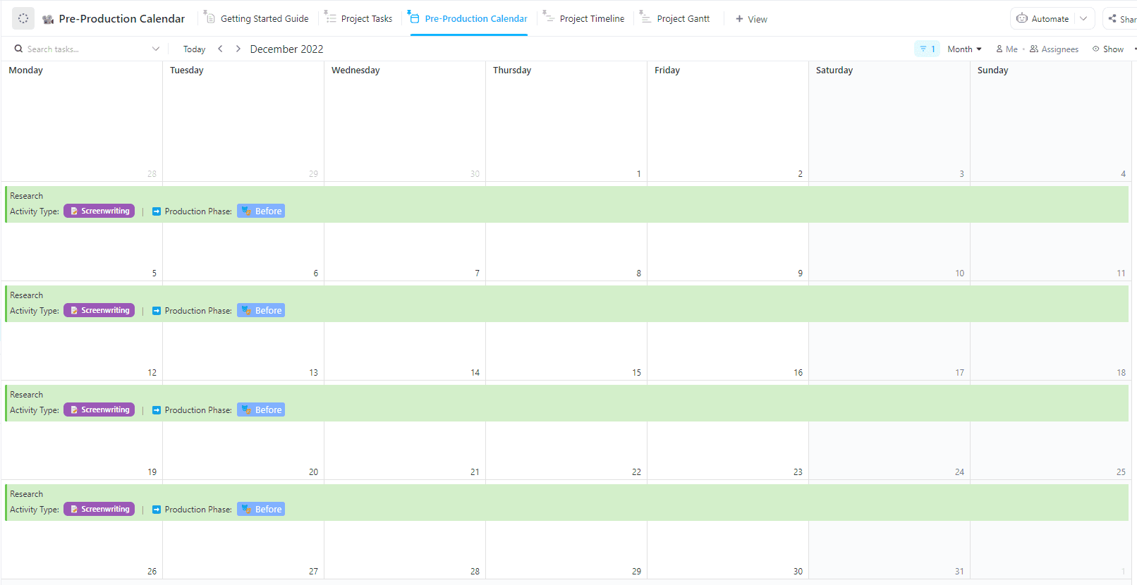 A Pre-Production Calendar helps plan the production activities prior to the actual film production. This ClickUp Pre-Production Calendar can help first-time and veteran filmmakers to create a pre-production plan effectively through the different views and custom fields included in this template.