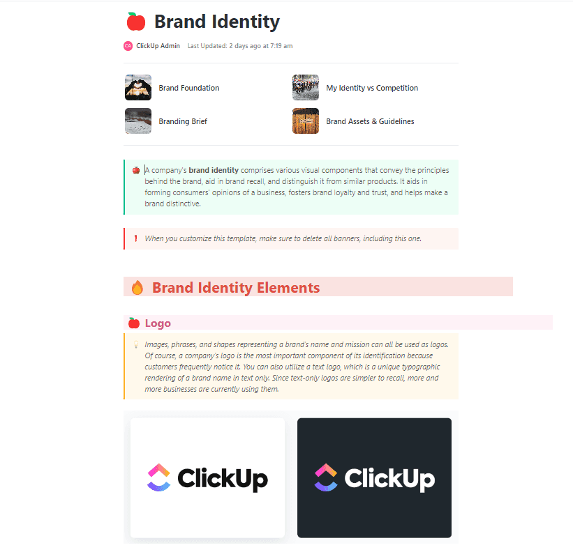 Use ClickUp's Brand Identity template to create a powerful brand identity that positions you for success, whether you're launching a rebrand or creating a new identity from scratch.