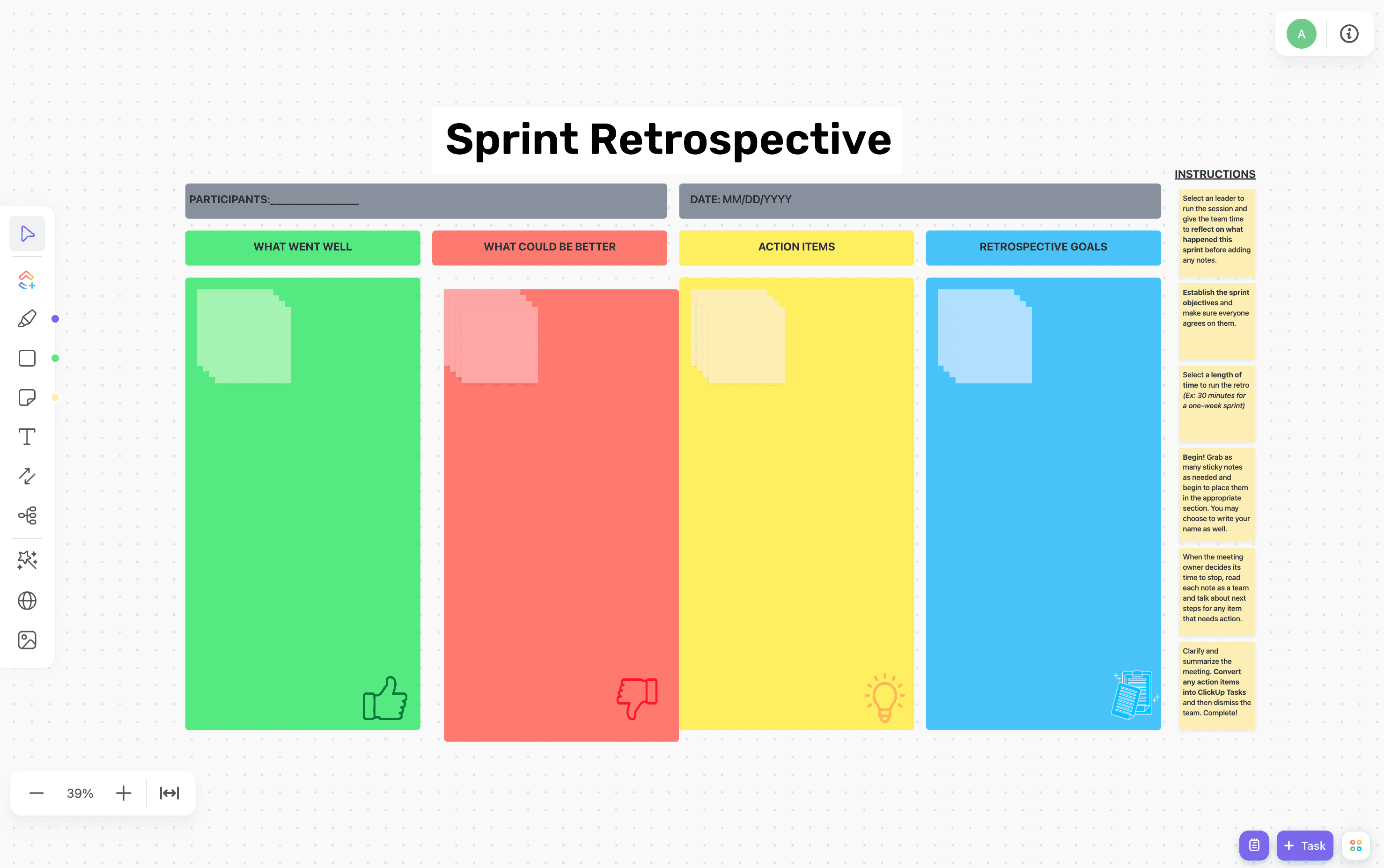 Save time and gain valuable insights with this simple Sprint Retrospective Template. Whether you are running an agile team or a project management office, this template will help you build a crystal-clear picture of what went well, what didn't go so well, and what to change in the future.