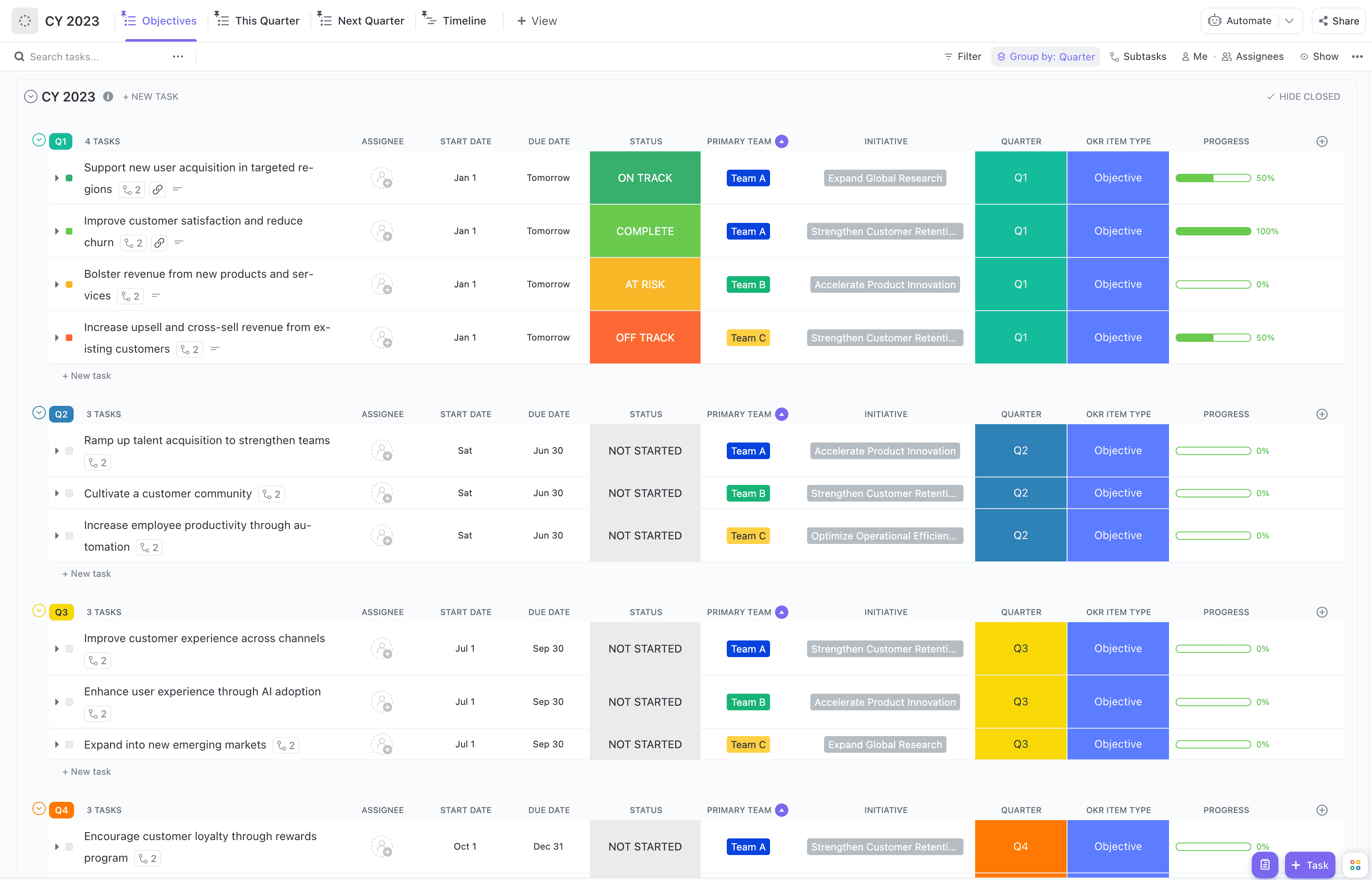 The OKR Folder template is a comprehensive planning tool designed to help individuals and teams set and achieve their goals. A Planning Cadence outlines the basic structure for OKR development, and OKR Lists breakdown goals and monitor progress to help teams stay on track throughout the year.