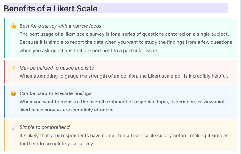 With this ClickUp template, you can easily create your own likert scale survey. Just enter in the items and responses you want, and then share the survey with your team or customers.