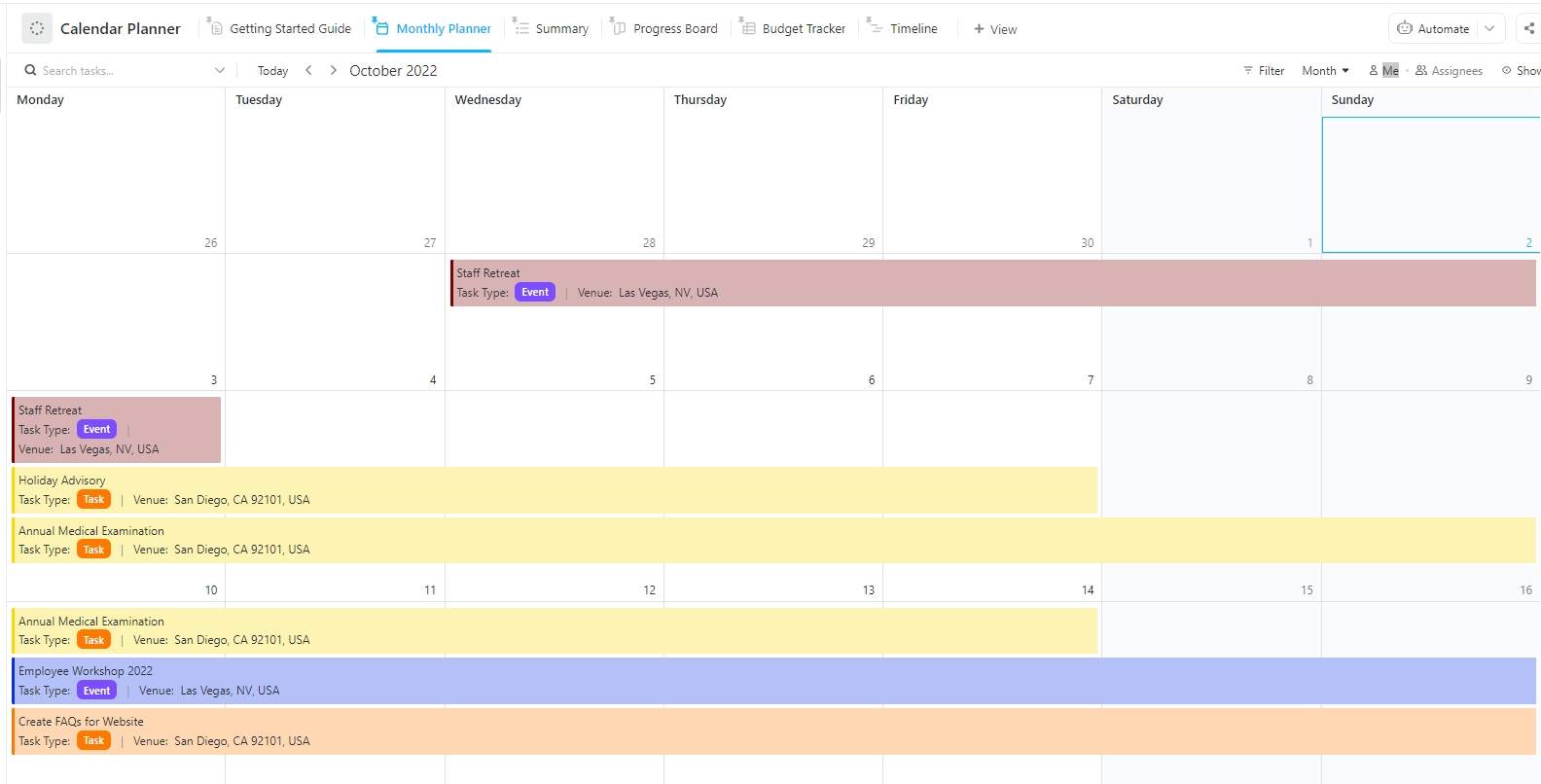 Manage all your activities and keep everything organized with this template. This Calendar Planner Template summarizes all your tasks, meetings, and events on one platform.
